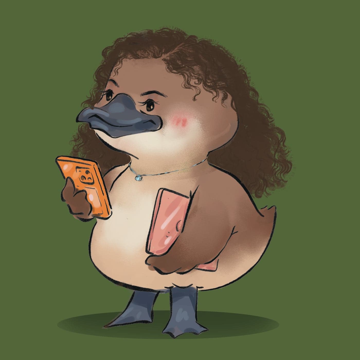 The Le Nâu duck holding a phone with a folder under one wing