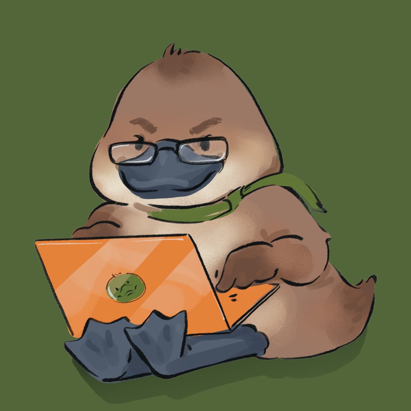 The Le Nâu duck working at an orange laptop