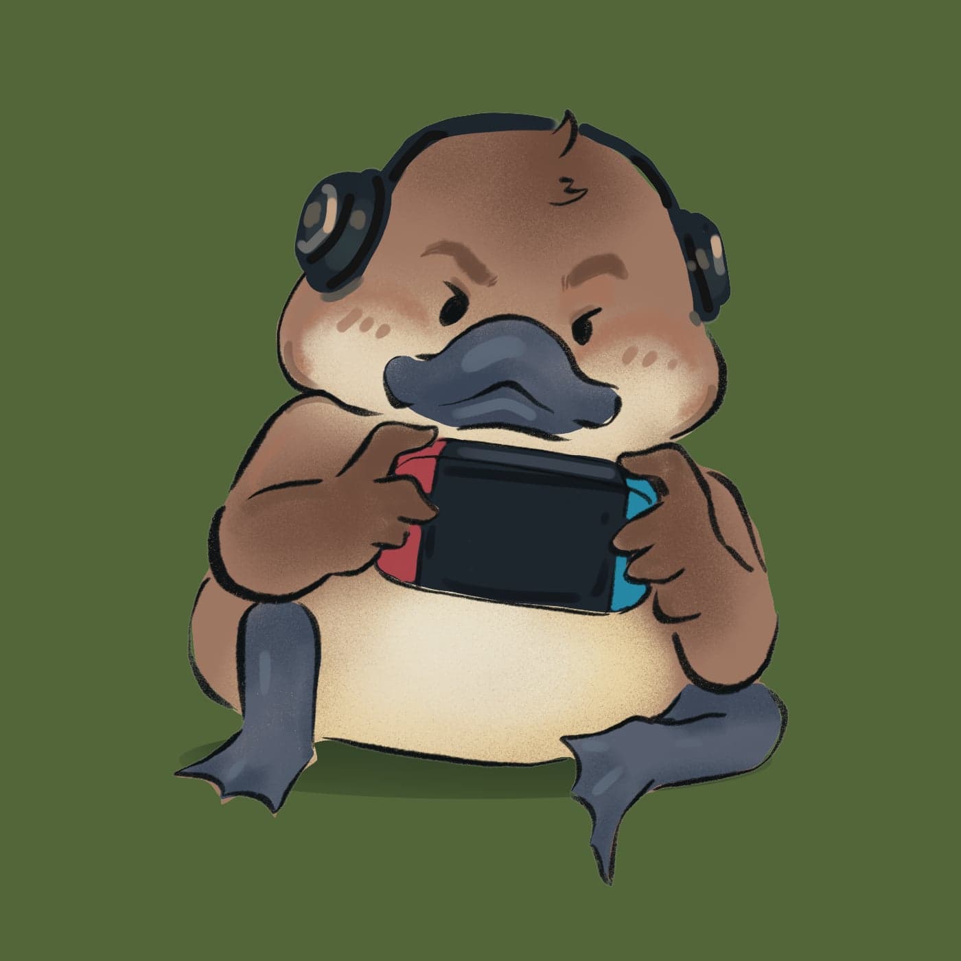 The Le Nâu duck wearing headphones and playing a handheld console