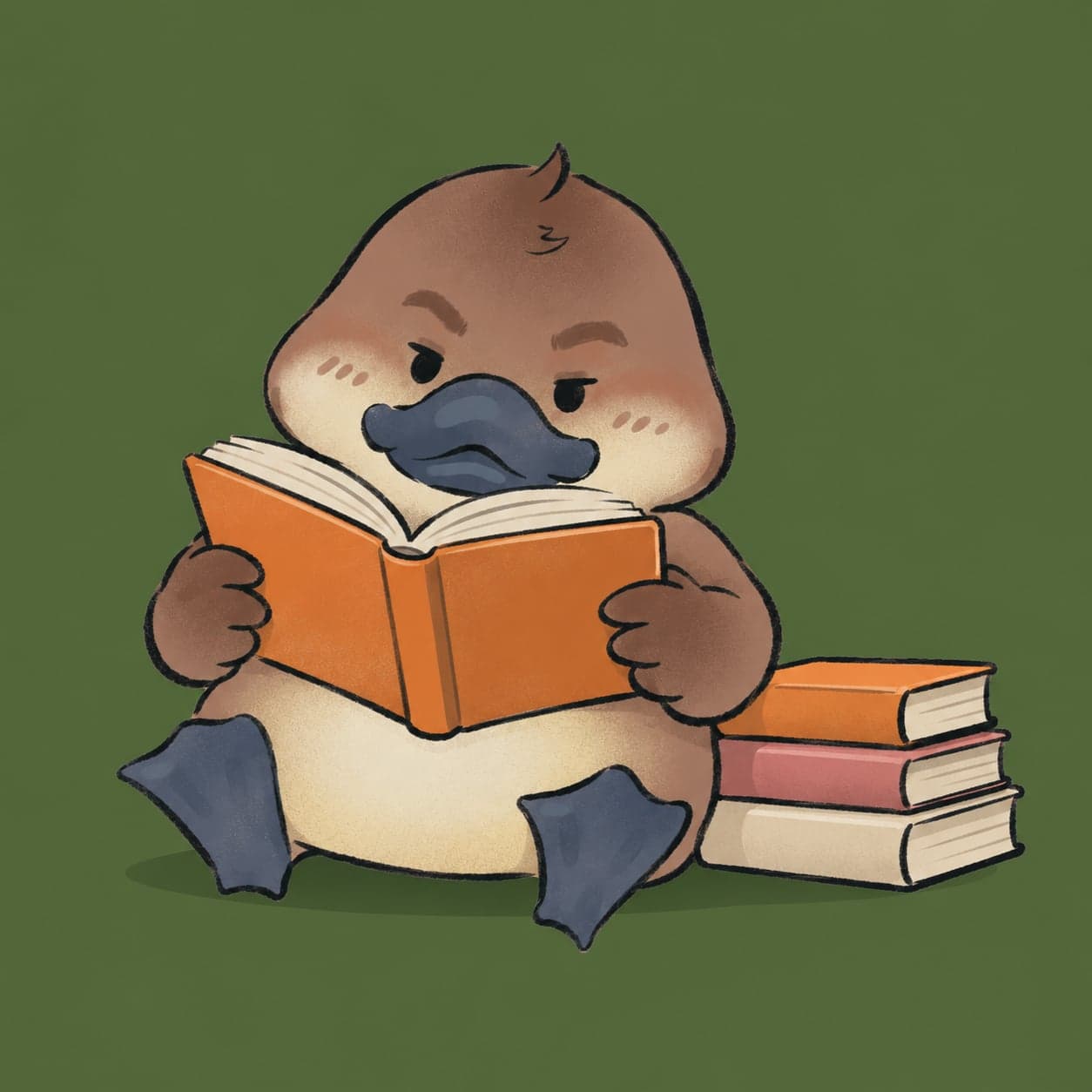 The Le Nâu duck reading an orange book, with a stack of books beside it