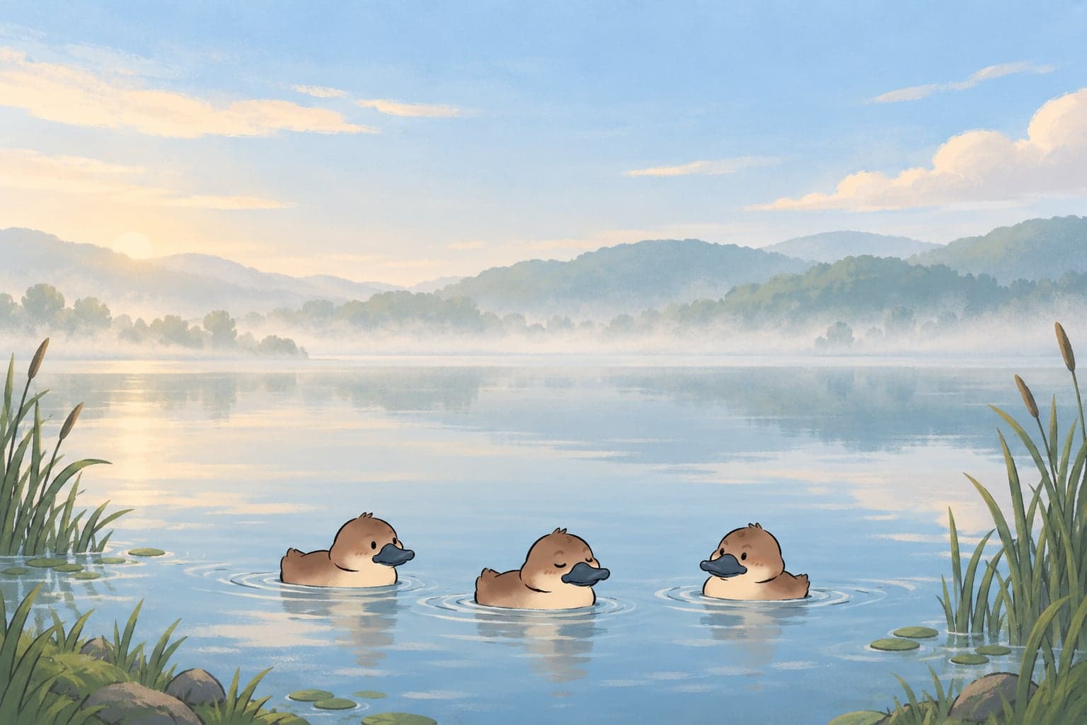 Three ducks paddling on a calm lake at first light