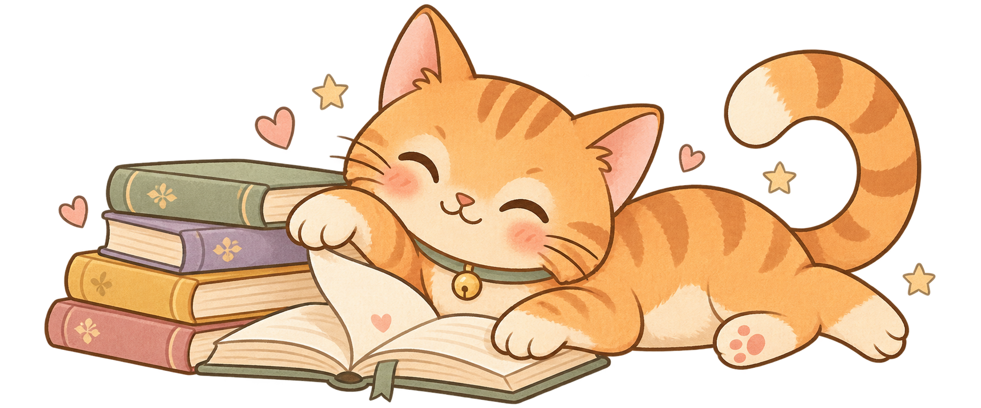 Miso the peach cat playfully batting a page beside a stack of pastel books